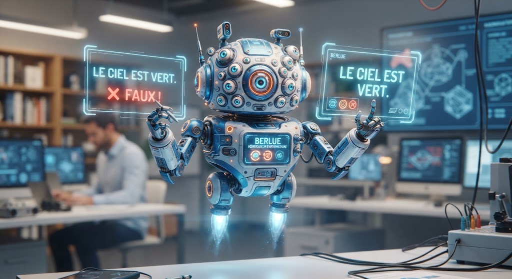 Le robot Berlue, en pleine démo, pointe vers deux panneaux holographiques affichant l'affirmation « Le ciel est vert » — l'un marqué d'une croix rouge « Faux ! », l'autre repris tel quel — pendant qu'un utilisateur travaille en arrière-plan sur des écrans de code.
