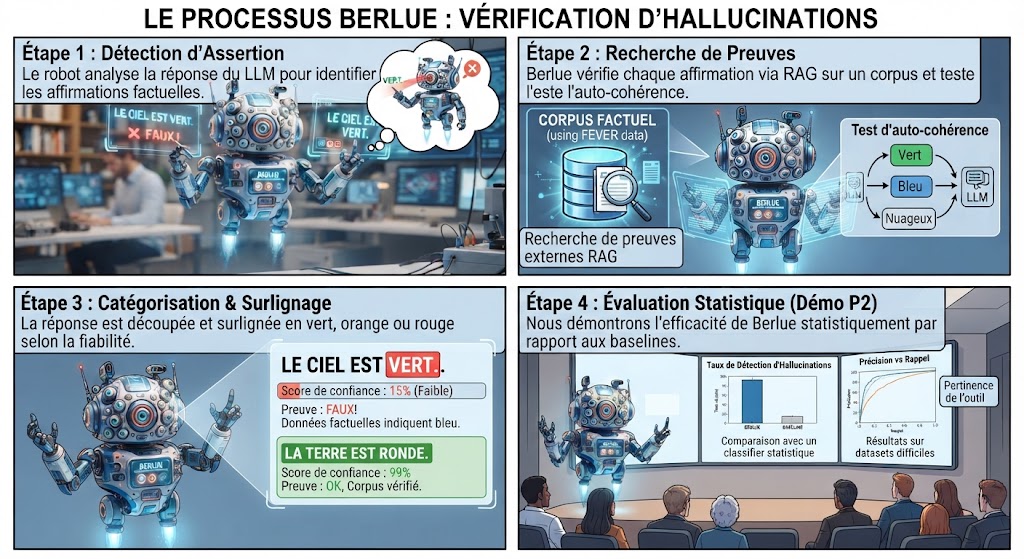 Étape 1 : détection d'assertion — le robot analyse la réponse du LLM pour identifier les affirmations factuelles. Étape 2 : recherche de preuves — Berlue vérifie chaque affirmation via RAG sur le corpus FEVER et teste l'auto-cohérence. Étape 3 : catégorisation et surlignage — la réponse est surlignée en vert, orange ou rouge selon la fiabilité, avec un score de confiance et la preuve citée. Étape 4 : évaluation statistique — démonstration de l'efficacité de Berlue face à une baseline, sur des jeux de données difficiles.