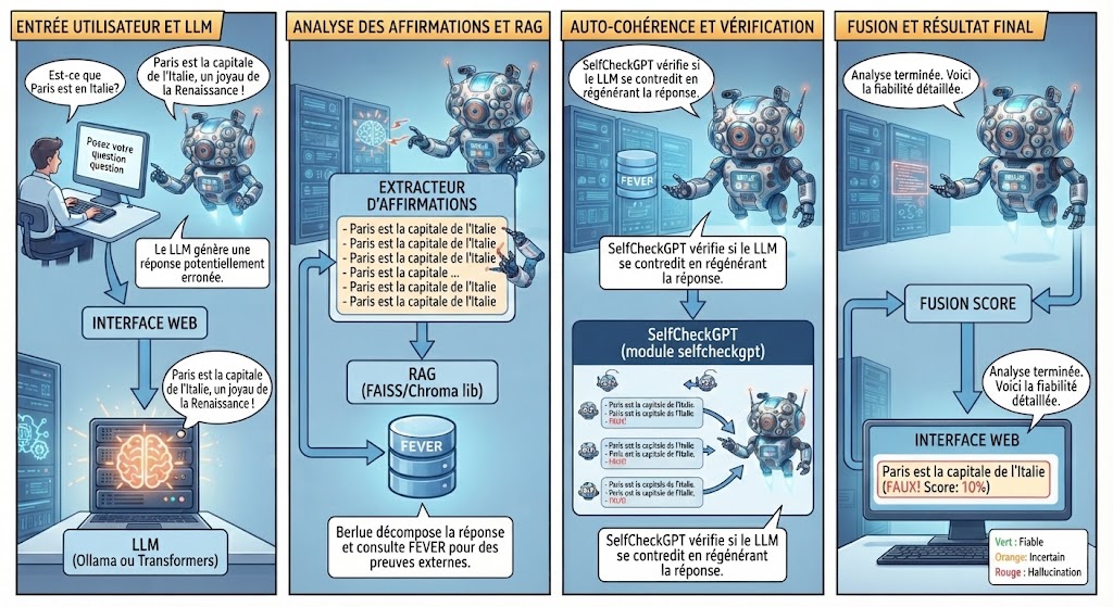Entrée utilisateur et LLM : l'utilisateur pose une question via l'interface web, le LLM (Ollama ou Transformers) génère une réponse potentiellement erronée. Analyse des affirmations et RAG : l'extracteur d'affirmations découpe la réponse, le module RAG interroge l'index FAISS/Chroma construit sur FEVER. Auto-cohérence et vérification : SelfCheckGPT vérifie si le LLM se contredit en régénérant la réponse plusieurs fois. Fusion et résultat final : le score de fusion combine les deux verdicts et l'interface web affiche la réponse annotée, verte/orange/rouge, avec le score de confiance.