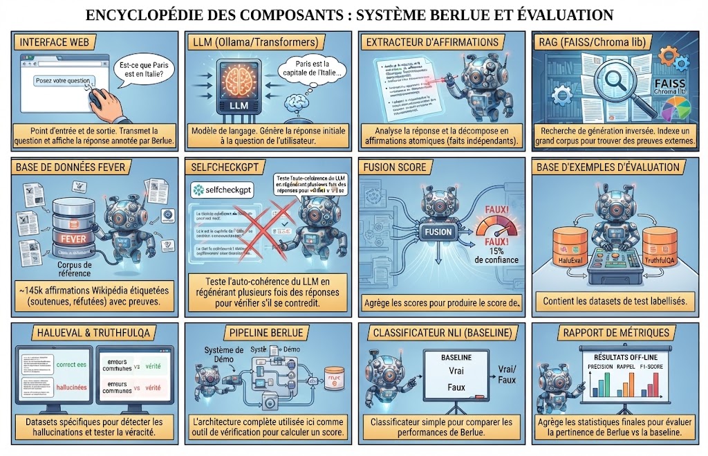 Vue d'ensemble illustrée des composants du système Berlue et de son évaluation : Interface Web, LLM (Ollama/Transformers), Extracteur d'affirmations, RAG (FAISS/Chroma), base FEVER, SelfCheckGPT, Fusion Score, base d'exemples d'évaluation, HaluEval et TruthfulQA, pipeline Berlue complet, classificateur NLI (baseline), et rapport de métriques off-line.